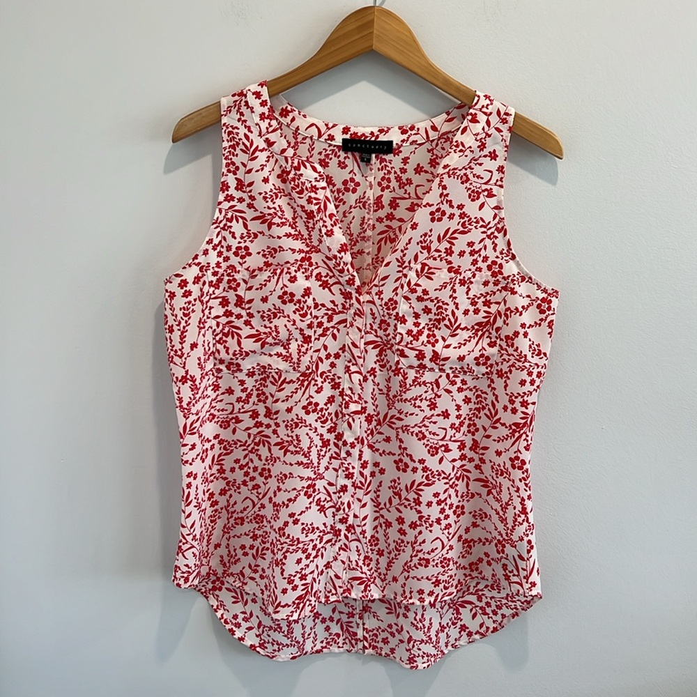 Sanctuary Red Sleeveless Button Down Blouse White Floral Tank Top Large - Picture 13 of 13